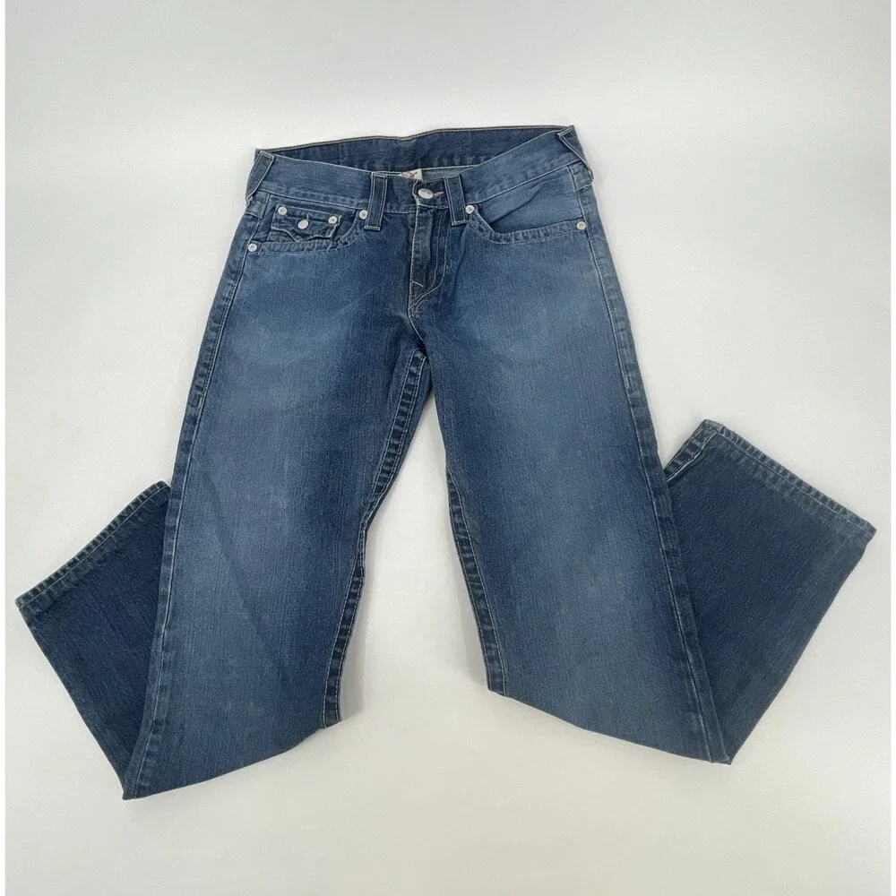 True Religion Denim Straight Jeans Mens 31x31 Blue Medium Wash Flap Pockets Y2K